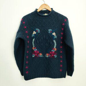 L.L. Bean Vintage Intarsia Floral Embroidered Teal Cable Wool Sweater Medium